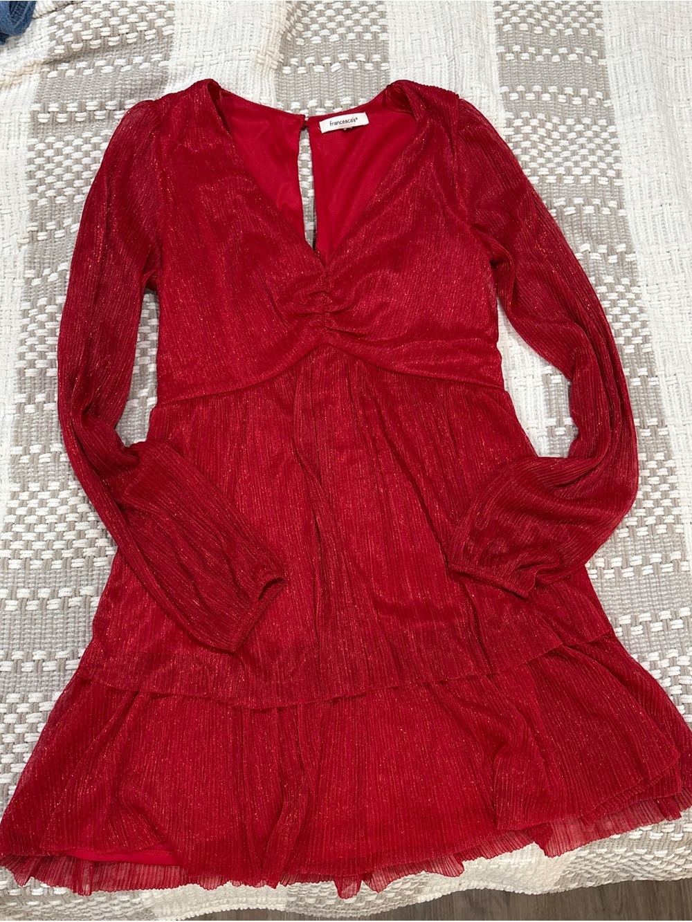 Forever 21 Red Long-Sleeve V-Neck Tiered Mini Dress